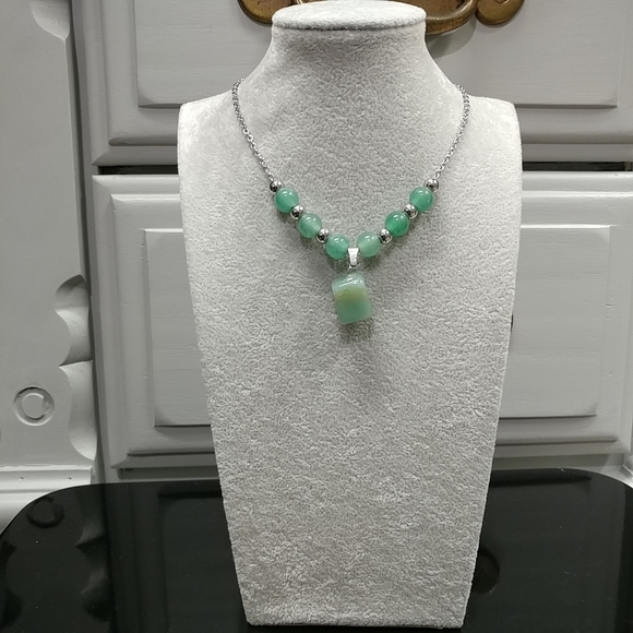 Green Aventurine Necklace Natural Gemstone Pendant Stainless-Steel Chain Beaded - Picture 6 of 17